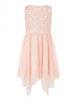 Monsoon Girls Sequin Frill Hanky Hem Dress - Peach