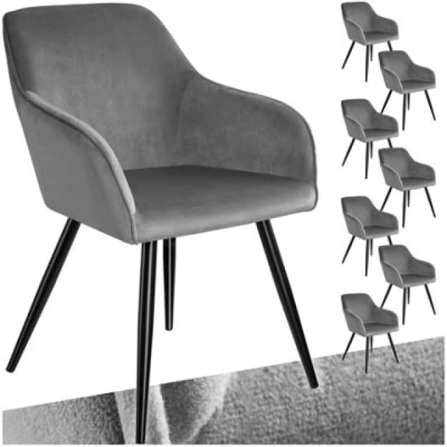 Tectake Set Of 8 Dining Chair Marilyn - With Armrests, Padded, Velvet Look, Black Steel Legs - Grey/black