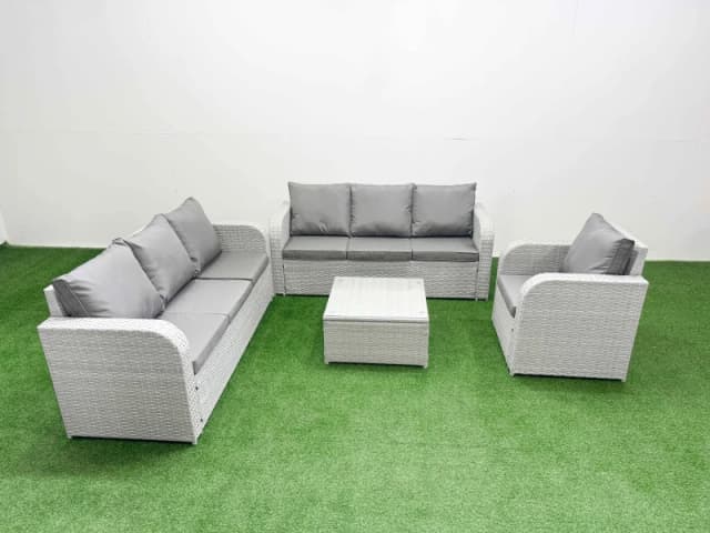 Fimous 7 Seater Poly Rattan Outdoor Garden Furniture Square Coffee Table Sofa Set Patio 3 Seater Sofa Reclining Chair 3 Seater Sofa Light Grey Light G