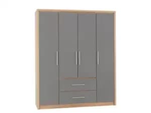 Seconique Seville Grey High Gloss and Oak 4 Door 2 Drawer Wardrobe