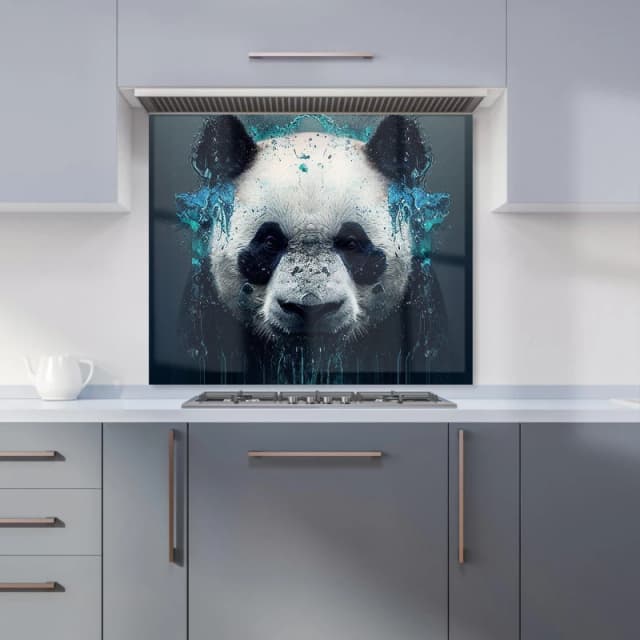 Warren Reed - Designer Panda Face Splashart Dark Background Kitchen Splashback in Blue Size: 600mm x 750mm Blue Unisex 600mm x 750mm