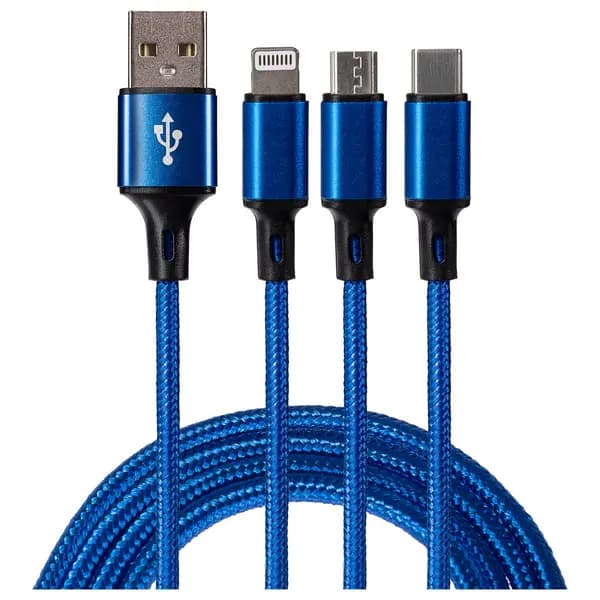 Maplin Maplin 3-in-1 USB-A to USB-C / Lightning / Micro USB Braided Charging Cable - 1.2m (Blue) 266PAM