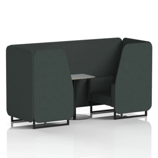 Brixworth 2 Seater Office Booth with Front Panel - Black Legs and Grey Table with Black Leg in Rivet Fabric - Charcoal Panels and Sofa