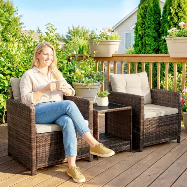 OUTSUNNY Rattan Garden Furniture Bistro Set with Cushion in Dark Brown Dark Brown Unisex