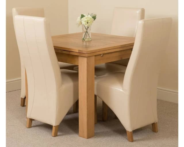 Thats Furniture Richmond 90-150cm Square Oak Extending Dining Table + 4 Lola Leather Chairs in Cream Cream Unisex