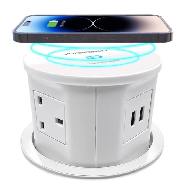 Vorsprung Vorsprung Retractable Pop Up Sockets - 4x UK Plug + 2x USB + Wireless Charging Pad White