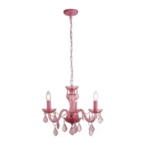 3 Light Pink Chandelier, Metal Frame, Acrylic Beads And Glass Column