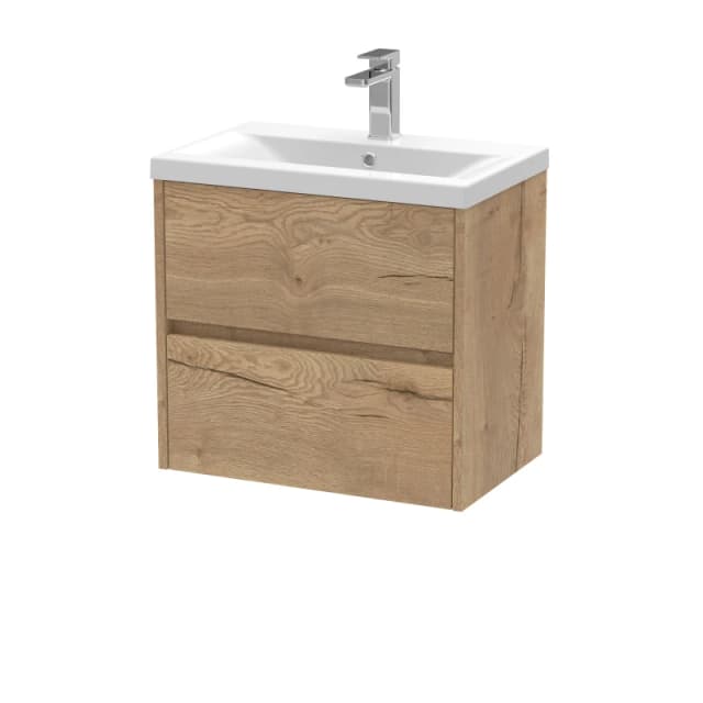 Balterley Square Wall Hung 2 Drawer Vanity Unit & Basin, 600mm Autumn Oak Brown