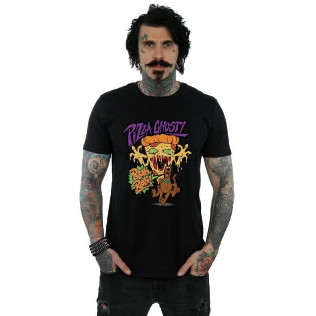 Scooby Doo Scooby Doo Men Pizza Ghost Cotton T-Shirt in Black Size: Small Black S Male 5063377542134