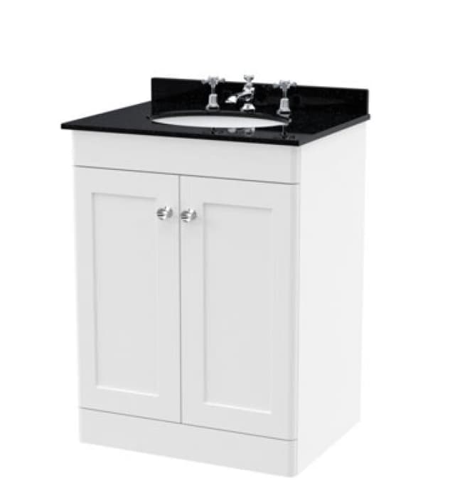 Nuie Classique 600mm Floor Standing 2 Door Vanity Unit With 3 Tap Hole Basin-Satin White