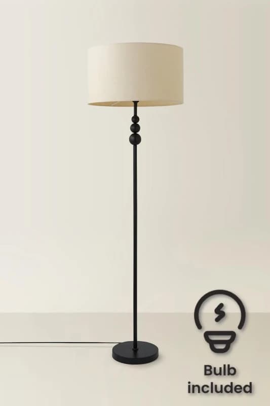 ValueLights Marissa Fabric Drum Shade with Black Stacked Ball Floor Lamp and LED Bulb Nude