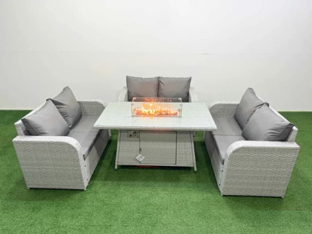 Fimous 6 Seater PE Wicker Rattan Furniture Sofa Sets with Firepit Dining Table 2 Seater Love Sofa Light Grey Light Grey