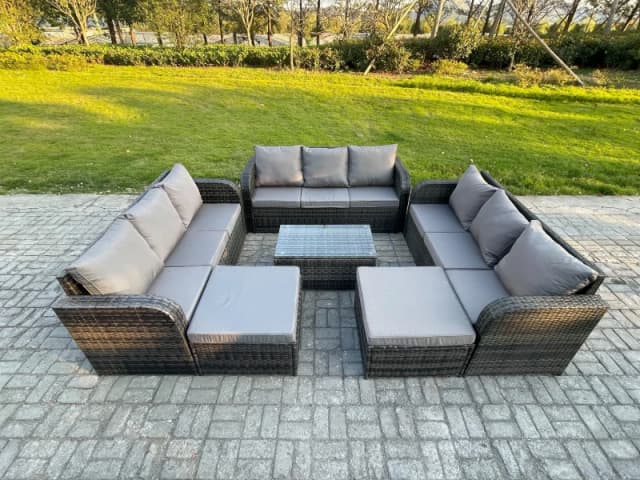 Fimous Wicker PE Rattan Garden Furniture Set 11 Seater Outdoor Lounge Sofa Set with Coffee Table 2 Big Footstool Dark Grey Mixed Dark Grey