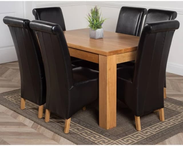 Thats Furniture Dakot 127 x 82cm Oak Small Dining Table & 6 Montana Leather Chairs in Black Size: 127 x 82cm Black Unisex 127 x 82 cm