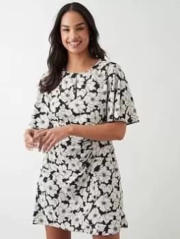 Dorothy Perkins Floral Angel Sleeve Mini Dress - Monogram, Multi, Size 12, Women