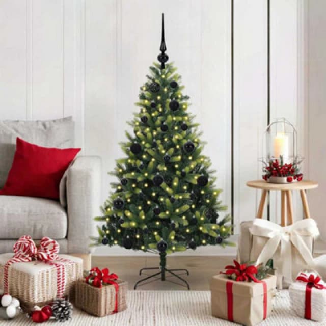 vidaXL Artificial Hinged Christmas Tree 150 LEDs, Black Balls Green 120 cm, Green 3395974