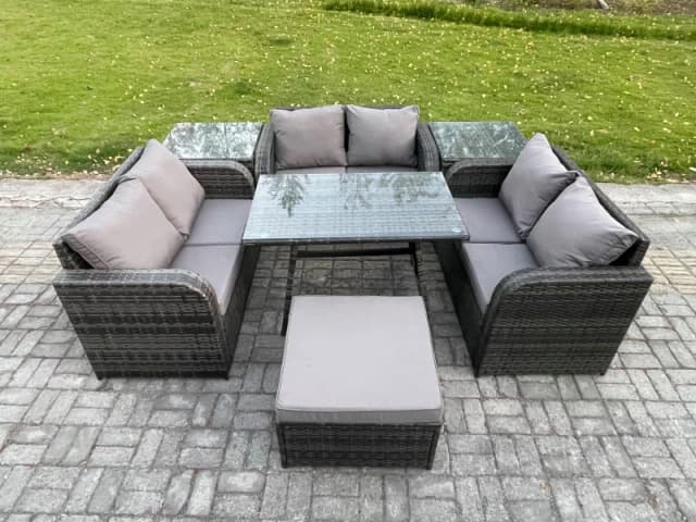 Fimous Rattan Garden Furniture Set 7 Seater Patio Outdoor Love Sofa Set with Rectangular Dining Table 2 Side Tables Dark Grey Mixed Dark Grey