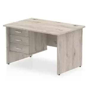 Impulse 1200 Rectangle Panel End Leg Desk Grey Oak 1 x 3 Drawer Fixed