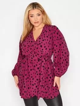 Yours Balloon Sleeve Wrap Top - Pink/Black, Pink, Size 20, Women