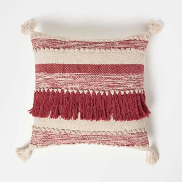 Homescapes Zadar Handwoven Fringed Red Kilim Cushion 45 X 45 Cm