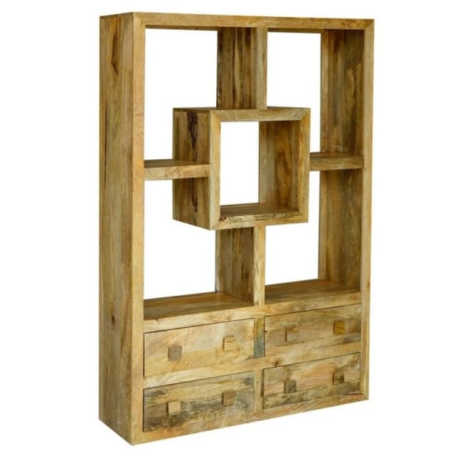 Jaipur Furniture Ltd Yoga Straight Bookcase with 4 Drawer - Mango Wood - L35 x W120 x H175cm - Light Finish in Brown Brown Unisex
