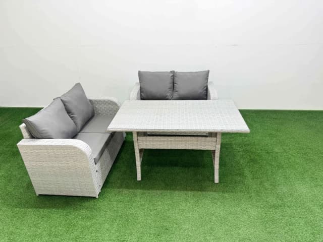 Fimous 4 Seater Outdoor Love Sofa Set Rattan Garden Furniture Set with Rectangular Dining Table Light Grey Light Grey
