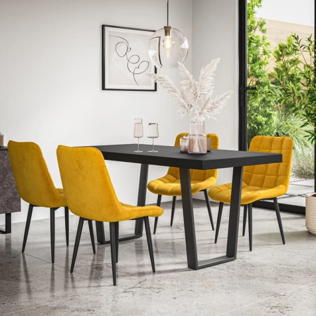 More4Homes Aria Dining Table And Chairs - Black Table Top W Black Legs + Nova Velvet Dining Chair Set Of 4 (Mustard)