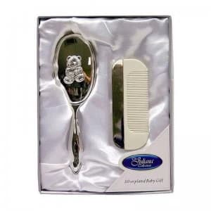 Silver Plated Baby Brush and Comb Teddy