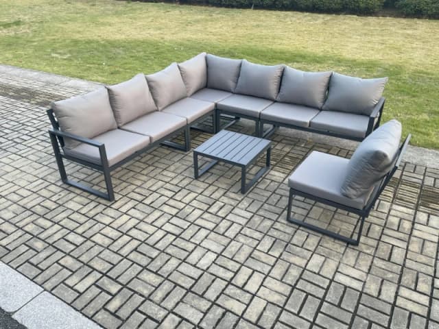 Fimous 8 Seater Patio Outdoor Garden Furniture Aluminium Lounge Corner Sofa Set with Square Coffee Table Dark Grey Dark Grey Unisex