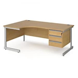 Dams International Left Hand Ergonomic Desk with Oak Coloured MFC Top and Silver Frame Cantilever Legs and 3 Lockable Drawer Pedestal Contract 25 1800