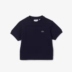 Girls' Lacoste Pleated Back Cotton Fleece T-Shirt Size 12 yrs Navy Blue