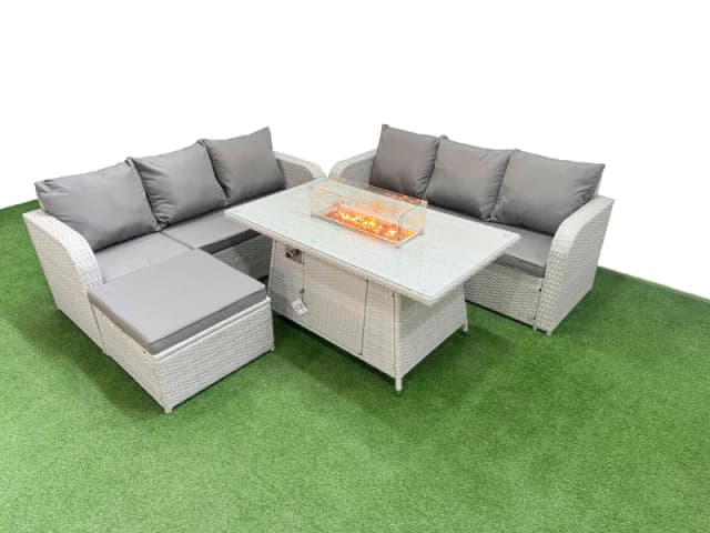 Fimous Outdoor Garden Furniture Sets 7 Seater Wicker Rattan Furniture Sofa Sets with Firepit Dining Table high Back Lounge Sofa Big Footstool Light Gr