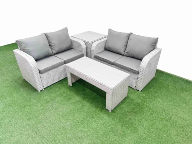 Fimous 4 Seater Outdoor Love Sofa Set Rattan Garden Furniture Set with Oblong Coffee Table Side Table Light Grey Light Grey