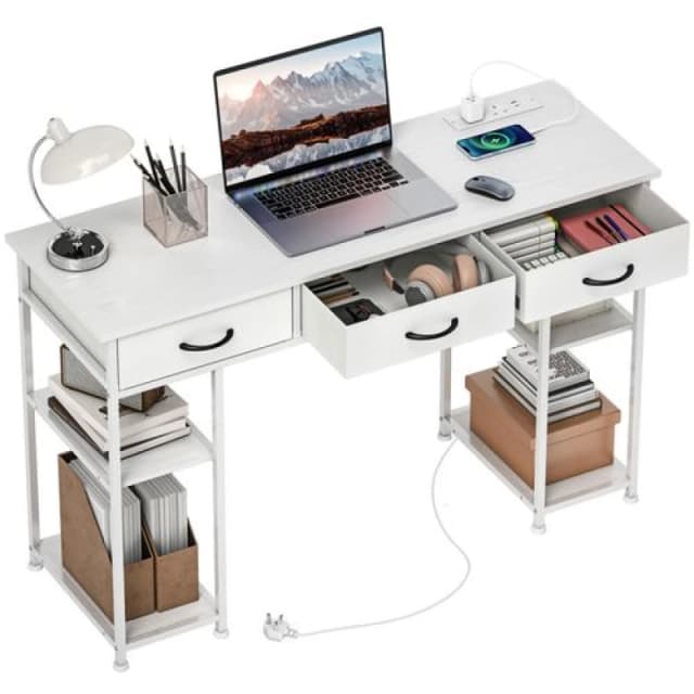 HOMCOM HOMCOM Computer Writing Desk with Power Outlets, Drawers, Shelves, White White One Size Unisex 5063603191945