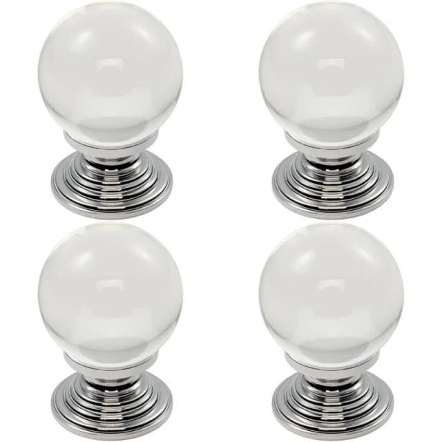 Loops 4x Crystal Ball Cupboard Door Knob 34mm Diameter Clear Translucent & Chrome Multi unisex