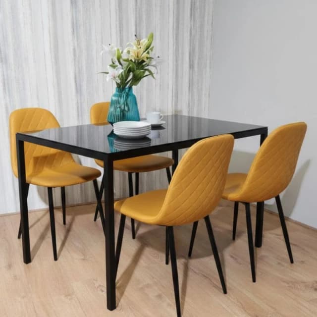 KOSY KOALA Modern Black Glass Dining Table Set with 4 Mustard Faux Leather Chairs Size: 120cm x 70cm Mustard Unisex 120cm x 70 cm