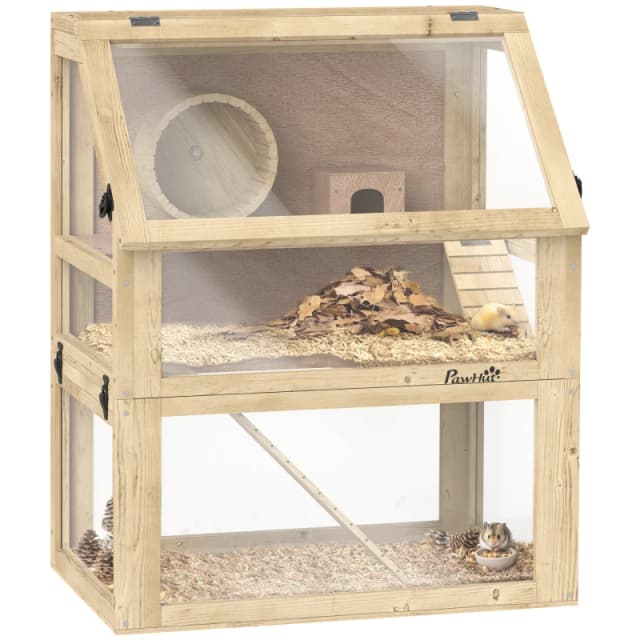 PawHut Wooden Hamster Cage w/ Detachable Bottom, Hut, Seesaw, 60 x 40 x 75cm Natural