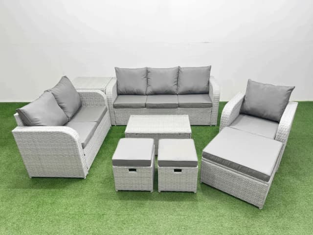 Fimous Patio PE Wicker 9 Seater Outdoor Rattan Furniture Sofa Sets with Rectangular Coffee Table Reclining Chair Loveseat Sofa 3 Seater Sofa Stool Sid