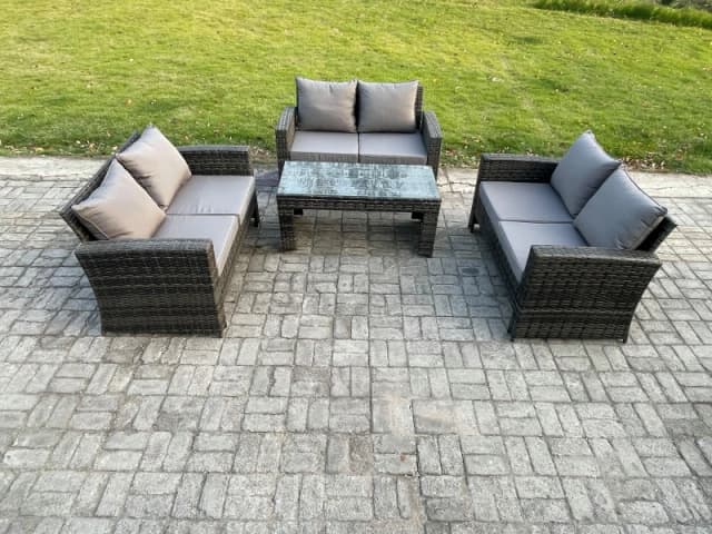 Fimous 6 Seater Rattan Wicker Garden Furniture Patio Conservatory Sofa Set with Coffee Table Double Seater Sofa in Dark Grey Dark Grey Unisex