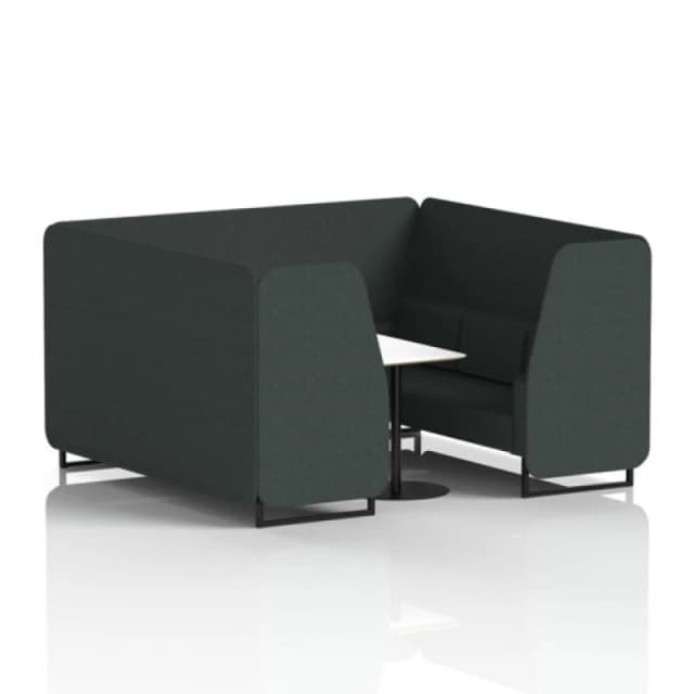 Brixworth 6 Seater Office Booth with Front Panel - Black Legs and White Table with Black Leg in Rivet Fabric - Charcoal Panels and Sofa