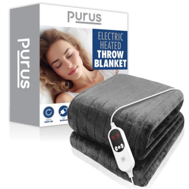 Purus Deluxe Grey Xl Electric Throw Heated Double Over Electric Blanket Soft Fleece 9 Heat & 12 Timer Settings