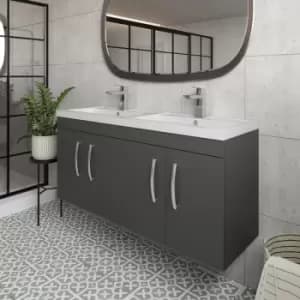 Nuie - Athena Wall Hung 4-Door Vanity Unit with Double Ceramic Basin 1200mm Wide - Gloss Grey