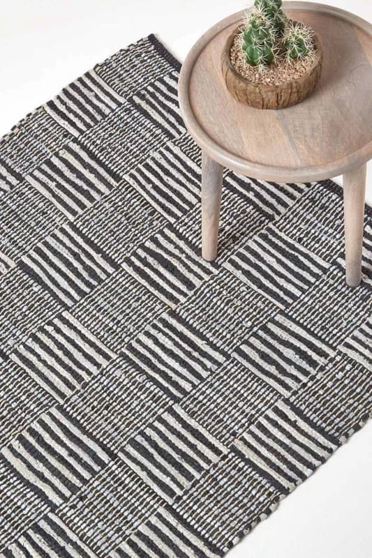 Homescapes Black & White Real Leather Handwoven Striped Block Check Rug, 150 X 240 Cm
