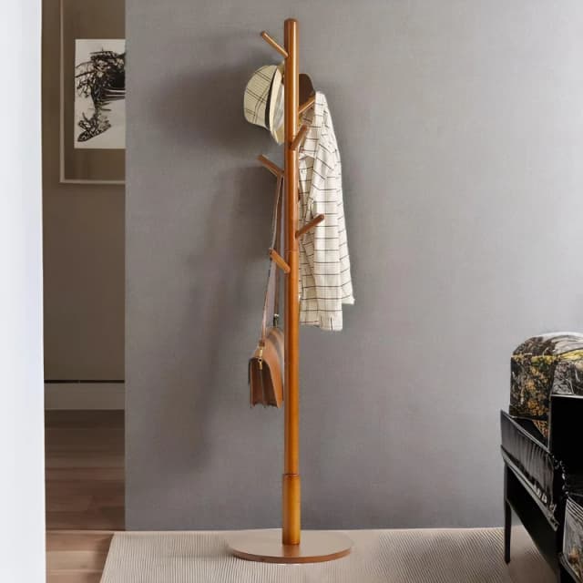 Rafaelo Mobilia Adjustable Wooden 8 Hook Coat Stand With Round Base in Brown Brown Unisex