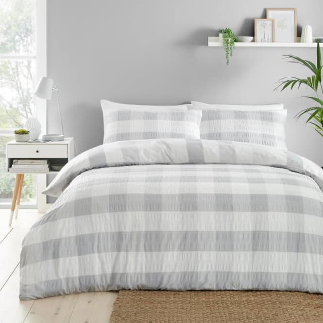 Fusion Seersucker Gingham Textured Duvet Cover Set Silver unisex Double
