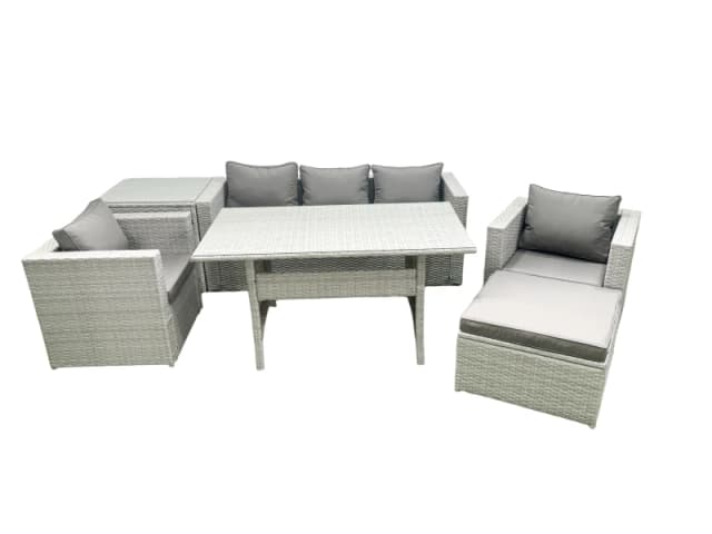 Fimous Garden Dining Set Outdoor Rattan Furniture Set with Sofa Dining Table 2 Chairs Big Footstool Side Table Light Grey Mixed Light Grey