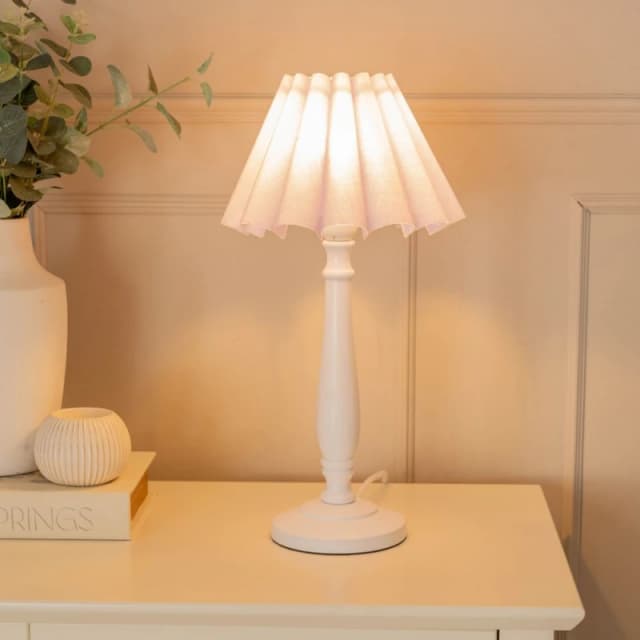 ValueLights Victoria White Wood Candlestick Stem Table Lamp with Scallop Tapered Lamp Shade Lilac