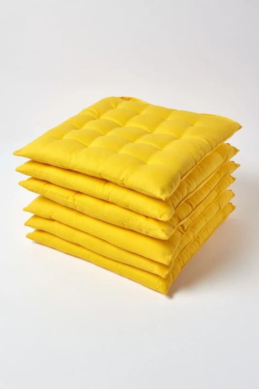 Homescapes Plain Seat Pad with Button Straps, 40 x 40cm, Set of 6 Yellow