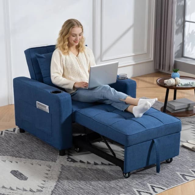 HOMCOM 3-in-1 Sofa Bed, Convertible Sleeper Chair with Adjustable Backrest in Dark Blue Size: 1 Seater Dark Blue Unisex 1 Seater
