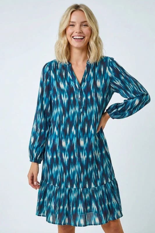 Roman Womens Petite Ikat Print Tiered Hem Dress in Teal Size: 12 Teal Female 12